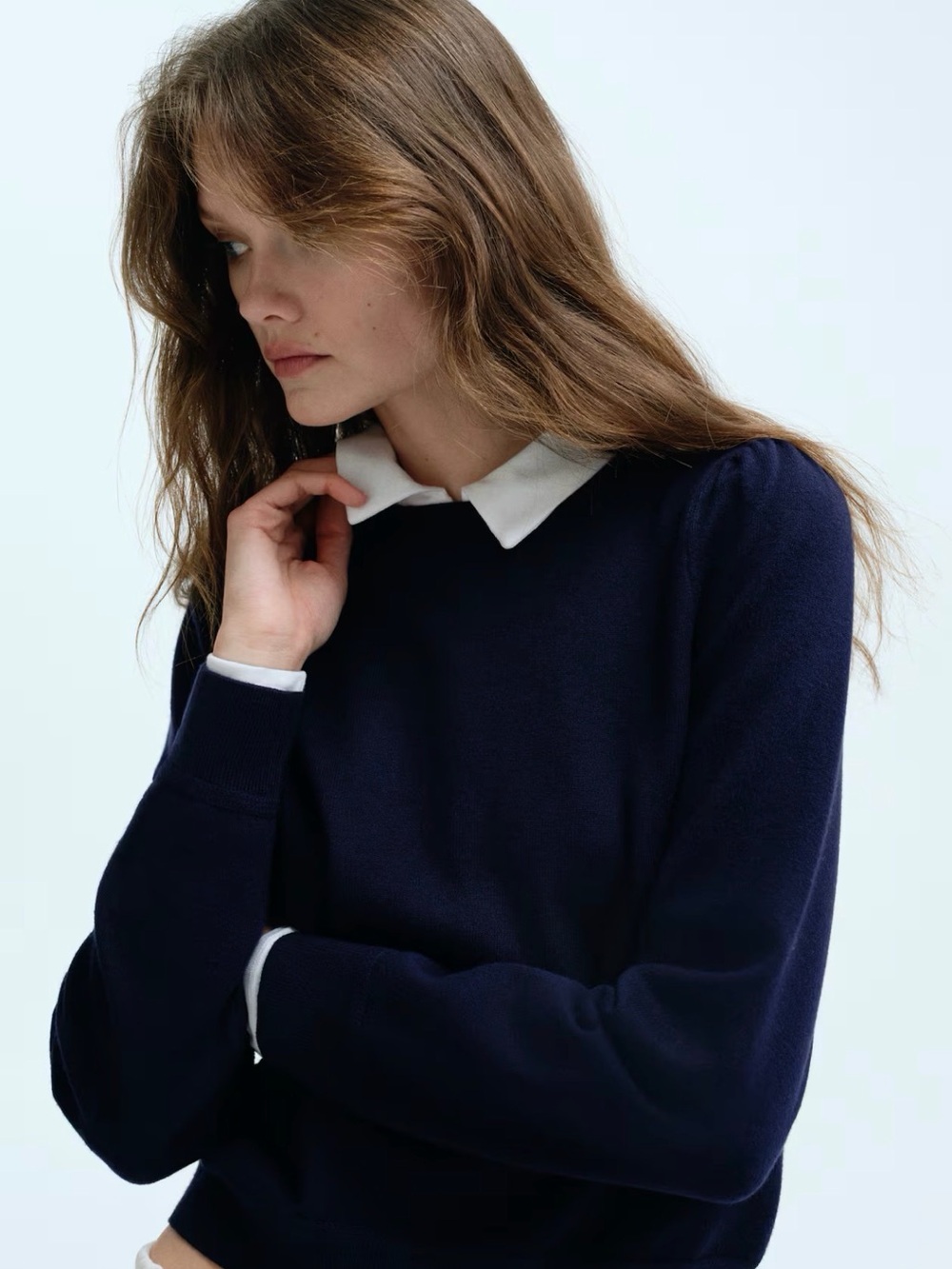 H&M Navy Crewneck Puff-Sleeve Sweater